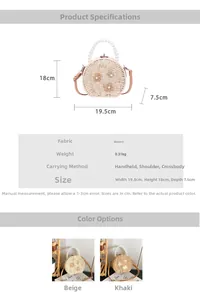 Detail view showing dimensions of a woven round handbag with pearl handle and floral accents