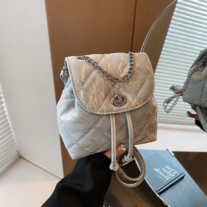 Quilted gray-white mini backpack with silver twist lock and chain strap for women
