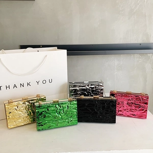 Evening Clutch Bag Metallic Crinkled Box Handbag With Chain Strap For Women Party Wedding Banquet Formal Chic