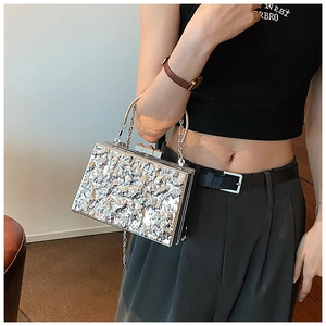 Silver metallic box bag with crinkle texture and metal chain for women