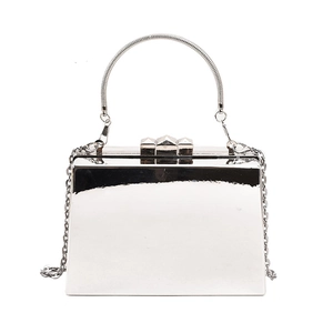 Modern silver mirror acrylic box clutch bag with ring handle and metal chain strap