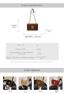 Detailed technical drawing of quilted PU crossbody bag with size and material specifications