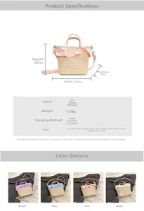 Dimensions détaillées et vue multicolore du sac bandoulière en paille avec perles