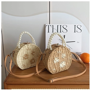 Straw Woven Round Crossbody Bag Artificial Pearl Handle Synthetic Leather Strap Vintage 3D Flower Embroidery Vacation Handbag