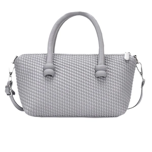 Gray woven tote bag with adjustable shoulder strap and silver hardware in front view