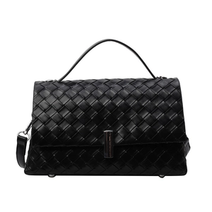 Fashionable black woven crossbody bag with metal lock and adjustable shoulder strap