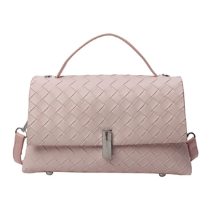 Pink woven leather crossbody bag with silver buckle and top handle for women