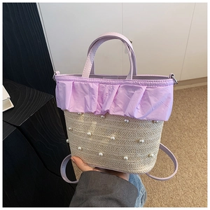 Mini sac cabas en paille avec volants violets et perles pour les vacances d'été