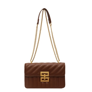 Brown quilted leather shoulder bag with gold chain and metal buckle in retro chic style