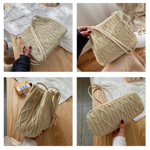 Detailed views of beige cable knit shoulder bag showing side profile and woven texture