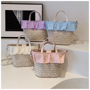 Sac Bandoulière En Paille Tissée Pour Femmes Avec Künstliche Perles Fantaisie Et Volants En Tissu Sac Seau De Plage Élégant