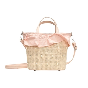 Mini sac seau en paille tissée avec volants roses et perles décoratives de vacances