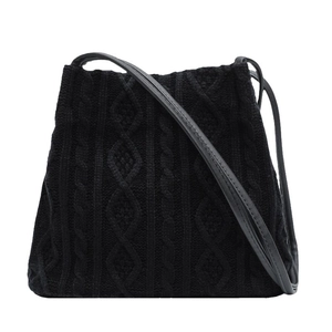 Chic black cable-knit shoulder bag for women with geometric patterns and slim straps