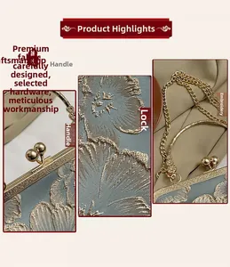 Detail view of floral embroidery, vintage kiss-lock closure and gold chain strap on evening bag