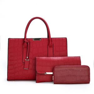 Three-piece red crocodile pattern women handbag set including shoulder bag and purse