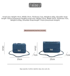 Size chart for quilted denim chain bag showing small and large dimensions and capacity