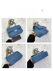 Detailed views of blue denim quilted handbag with silver chain and twist lock clasp