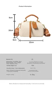 Detailed size specifications for beige geometric PU leather boston handbag showing dimensions