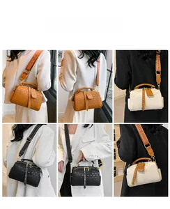 Detailed views of quilted Boston bags in black, brown, and cream with fashion straps