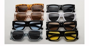 Collection of polygon sunglasses in eight different color frames and tinted lens options