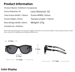 Detailed size chart for children's sports sunglasses with precise frame dimensions and weight