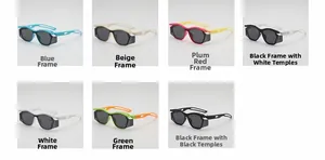 Detail showcasing seven color options for kids sports sunglasses with aerodynamic frames