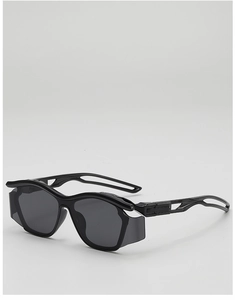 Side view of sleek black dual-lens sports sunglasses with a futuristic wrap-around design