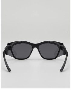 Macro view of black tactical sports sunglasses showing hinge and windproof side shields