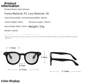 Detailed size chart for retro square eyewear with frame and temple dimensions listed