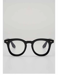 Close-up of retro black glasses frame featuring silver diamond-shaped metal rivets