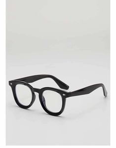 Close-up of black retro eyeglass frames with silver diamond stud details on the corners