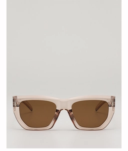 Detail of translucent pink rectangular sunglasses with silver metal cross hinge accents