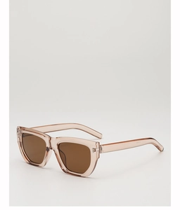 Close-up of peach translucent sunglasses frame with CX2235 model detail on temple