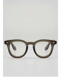 Close-up of retro round eyewear frame with translucent grey finish and metal rivets