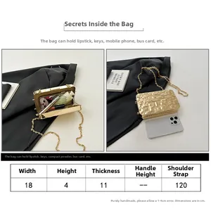 Detaillierte Größentabelle und Kapazitätsansicht einer goldenen Abendtasche mit Wellenstruktur