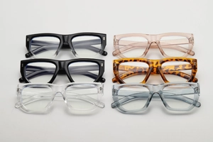 Flat lay of square fashion eyewear in multiple colors with silver diamond accents