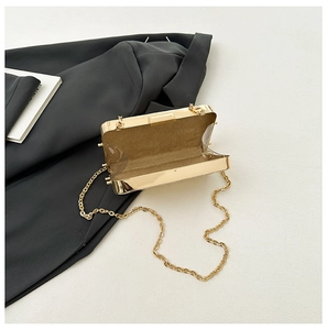 Detail der eleganten Goldkette und der transparenten Acrylseite an der rechteckigen Clutch
