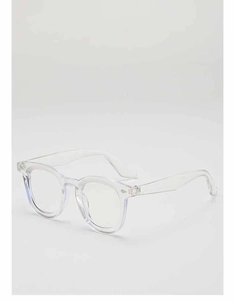 Detailed view of lightweight transparent retro glasses frame with vintage rivets