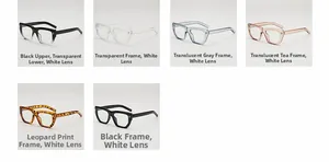 Detailed grid of fashion square frame glasses in black, clear, gray, tea, and leopard colors