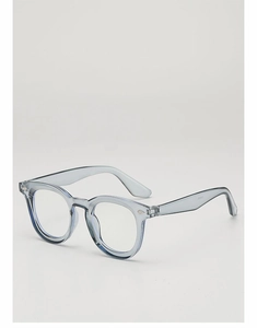 Detailed side view of light blue transparent acetate frames with metal hinge accents