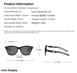 Detailed size chart for kids sports sunglasses with frame and lens dimensions shown