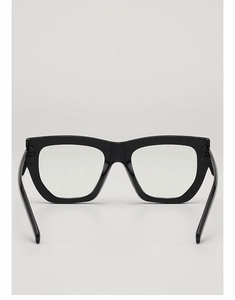 Rear view detail of minimalist glossy black square eyeglass frames on grey background