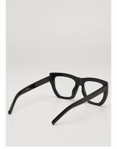 Detail view of glossy black square eyeglass frames showing the inner temple and hinge