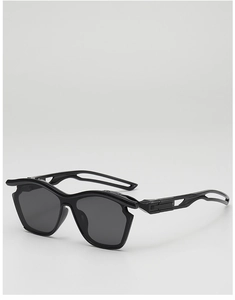 Detail view of black aerodynamic sports sunglasses with unique hollow temple design