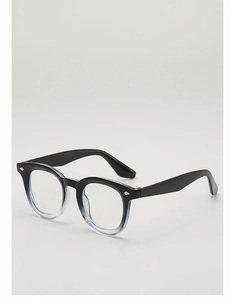 Detail of round gradient eyeglass frames featuring silver diamond-shaped metal rivets