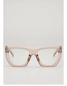 Detailed view of champagne pink acetate eyeglasses with silver metal hinge rivet accents