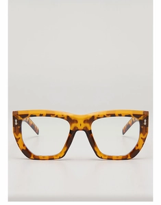 Detailed front view of square tortoiseshell glasses frame with silver metal rivets