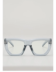 Detail of grey geometric glasses frame with silver cross metal hinge and clear lenses