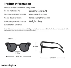 Guide des tailles détaillé pour lunettes de soleil enfant avec dimensions de monture PC