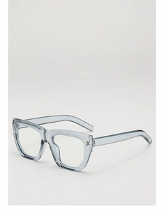 Detailed view of light blue translucent eyeglasses frame with metallic rivets and rivets